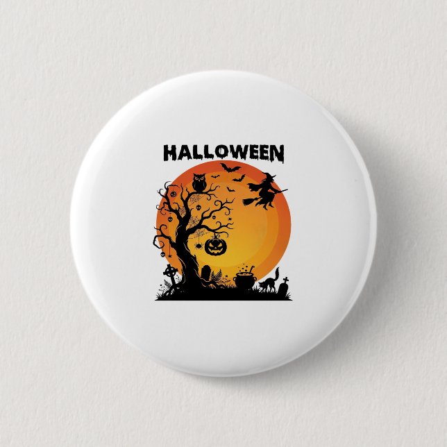 Halloween Spooky Tree Flying Witch Orange Moon Bla Button (Front)