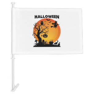 Halloween Spooky Tree Flying Witch Orange Moon Bla Car Flag