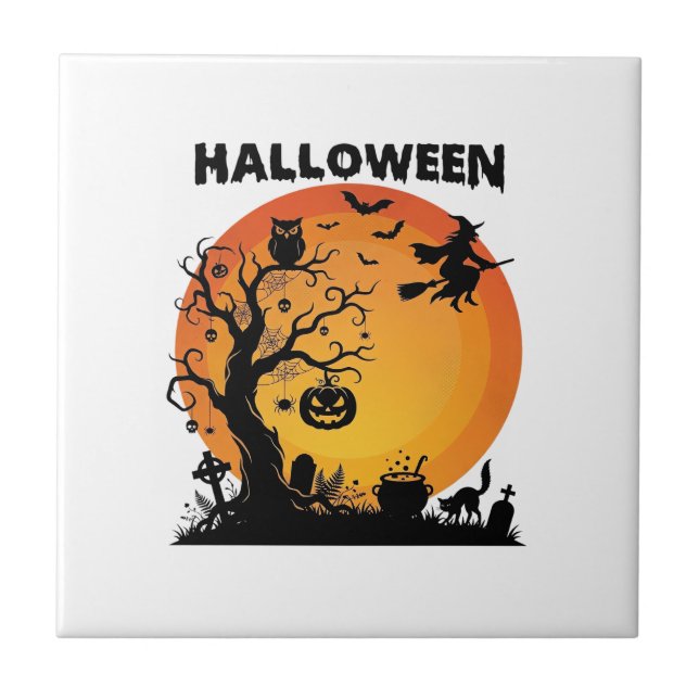 Halloween Spooky Tree Flying Witch Orange Moon Bla Ceramic Tile (Front)