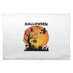 Halloween Spooky Tree Flying Witch Orange Moon Bla Cloth Placemat