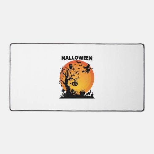 Halloween Spooky Tree Flying Witch Orange Moon Bla Desk Mat