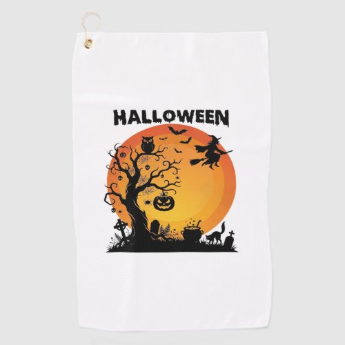 Halloween Spooky Tree Flying Witch Orange Moon Bla Golf Towel