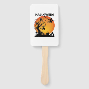 Halloween Spooky Tree Flying Witch Orange Moon Bla Hand Fan