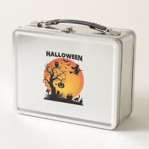 Halloween Spooky Tree Flying Witch Orange Moon Bla Metal Lunch Box