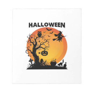 Halloween Spooky Tree Flying Witch Orange Moon Bla Notepad