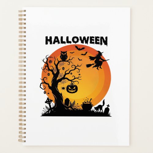 Halloween Spooky Tree Flying Witch Orange Moon Bla Planner