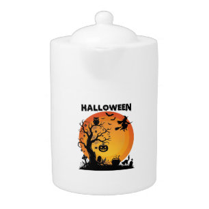 Halloween Spooky Tree Flying Witch Orange Moon Bla Teapot