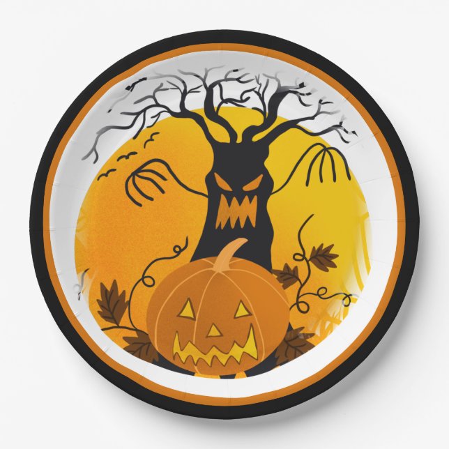 Halloween Spooky Tree Jack o'Lantern Paper Plates (Front)