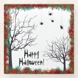 Halloween Spooky Tree Spiders Hanging Fall Foliage Glass Coaster