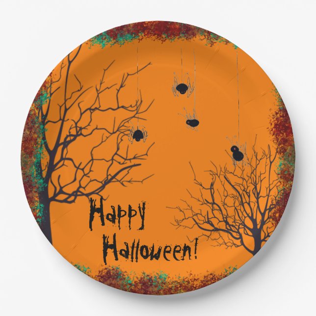 Halloween Spooky Trees Spiders Fall Foliage Paper Plates (Front)