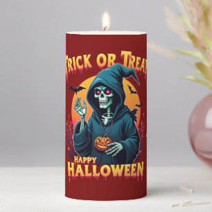 Halloween Spooky Vibes: Trick or Treat Skeleton Pillar Candle