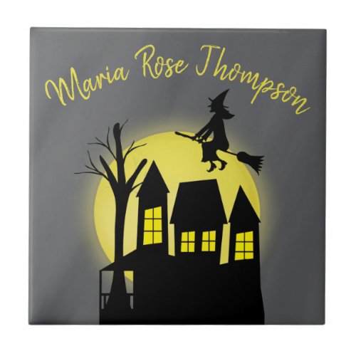 Halloween Spooky Witch Broomstick Moonlight Ceramic Tile