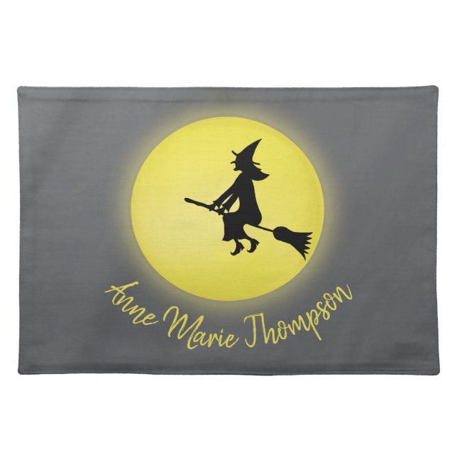 Halloween Spooky Witch Broomstick Moonlight Cloth Placemat (Front)