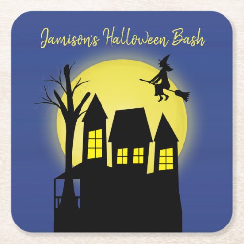 Halloween Spooky Witch Broomstick Moonlight Square Paper Coaster