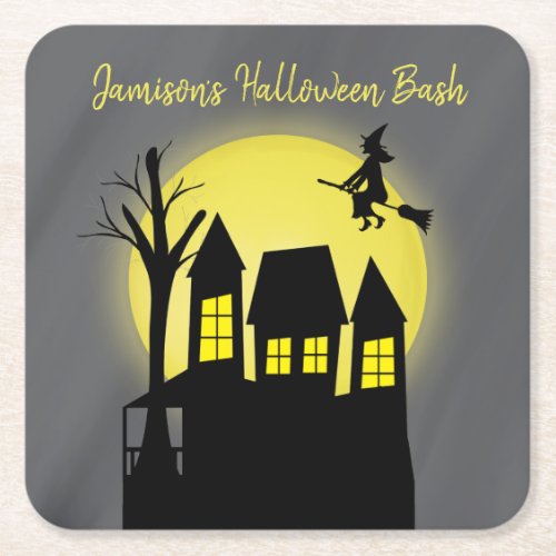 Halloween Spooky Witch Broomstick Moonlight Square Paper Coaster