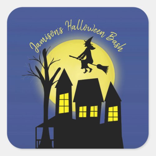 Halloween Spooky Witch Broomstick Moonlight Square Sticker