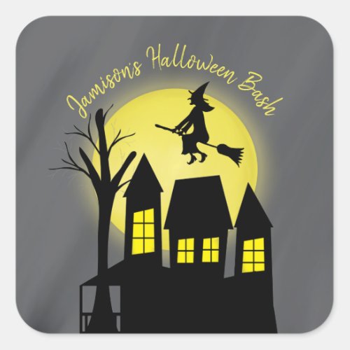 Halloween Spooky Witch Broomstick Moonlight Square Sticker