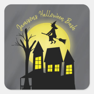Halloween Spooky Witch Broomstick Moonlight Square Sticker