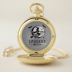 Halloween Spooky Witch Design - Flying on Broom Pocket Watch