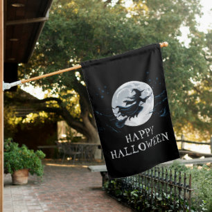 Halloween Spooky Witch Flying Across a Full Moon   House Flag
