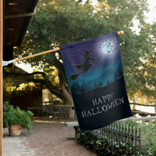 Halloween Spooky Witch Flying Across a Full Moon House Flag