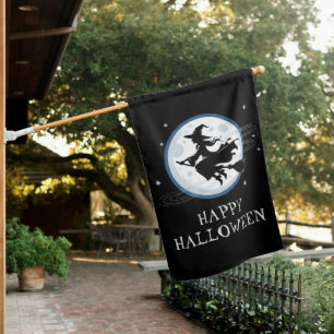 Halloween Spooky Witch Flying Across a Full Moon House Flag