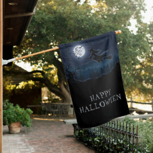 Halloween Spooky Witch Flying Across a Full Moon House Flag