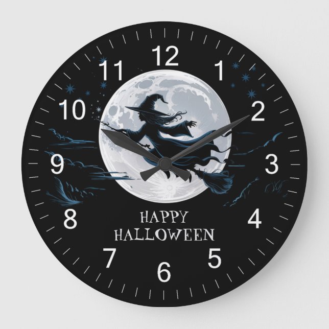 Halloween Spooky Witch Flying Across a Full Moon Large Clock (Front)