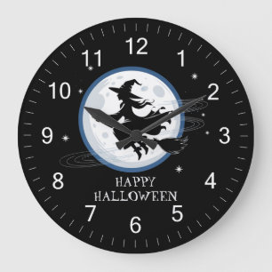 Halloween Spooky Witch Flying Across a Full Moon Large Clock