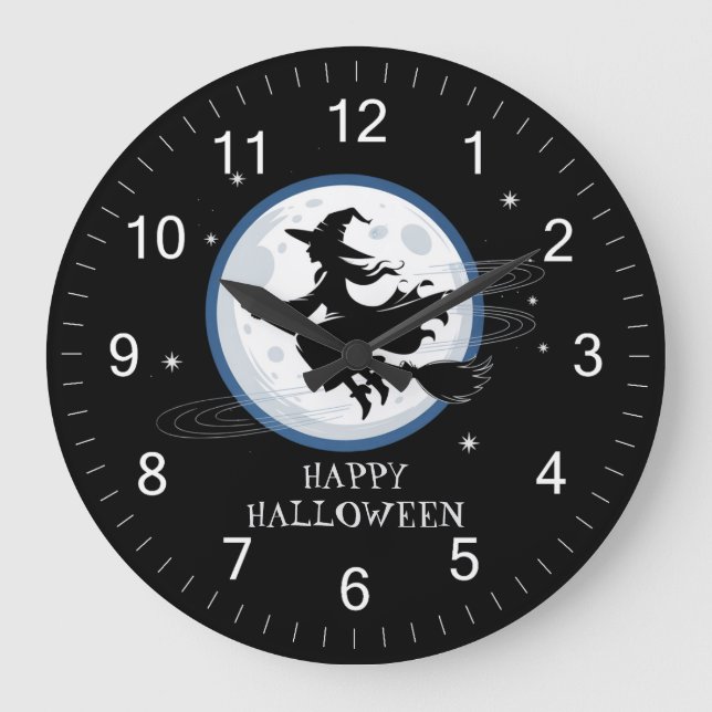 Halloween Spooky Witch Flying Across a Full Moon Large Clock (Front)
