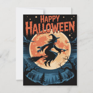 Halloween Spooky Witch Flying Across a Full Moon Postcard