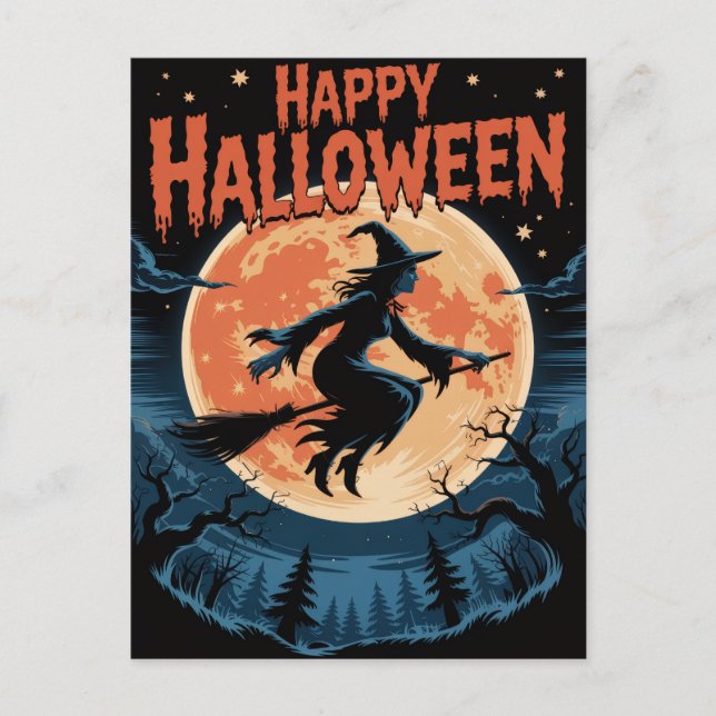 Halloween Spooky Witch Flying Across a Full Moon Postcard (Front)