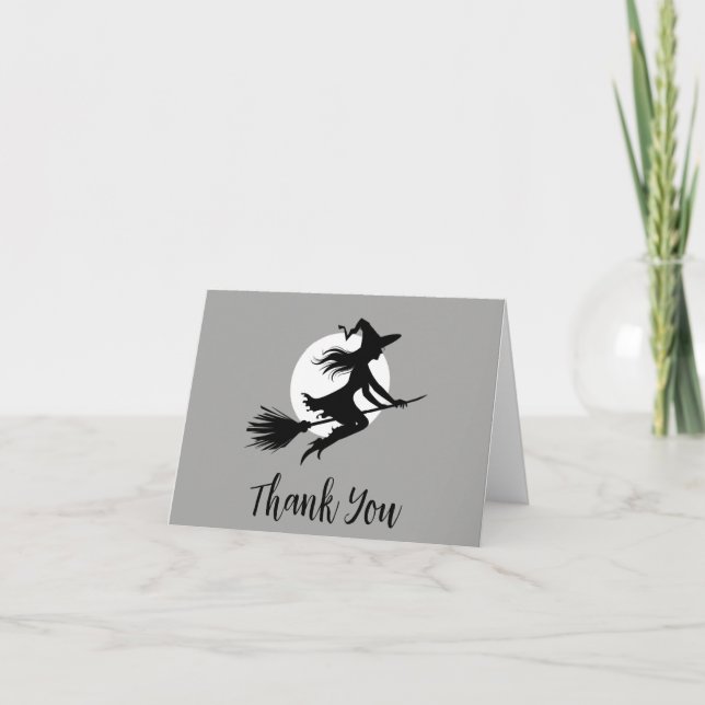 Halloween Spooky Witch Flying Across a Full Moon Thank You Card (Front)