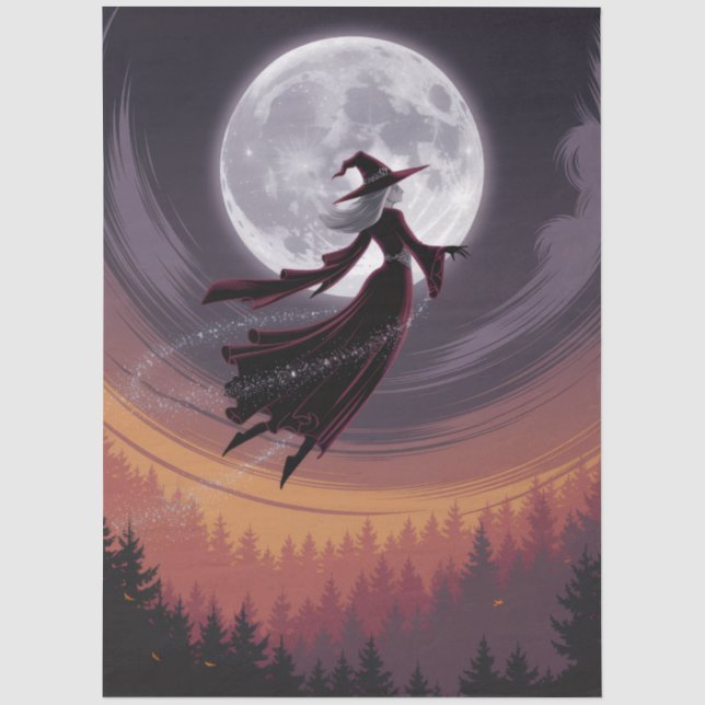 Halloween Spooky Witch Flying Across a Full Moon Tissue Paper (Front)