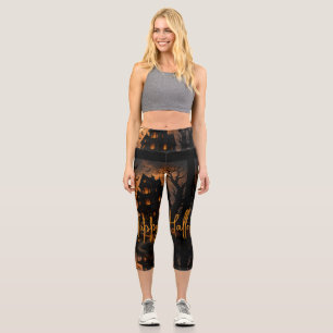 Halloween Spooky Witch Flying Over Haunted House Capri Leggings