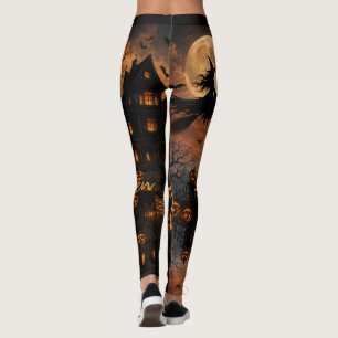 Halloween Spooky Witch Flying Over Haunted House Leggings