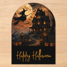 Halloween Spooky Witch Flying Over Haunted House w