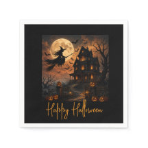 Halloween Spooky Witch Flying Over Haunted House w