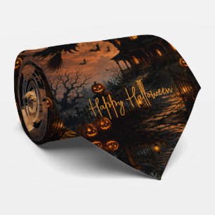 Halloween Spooky Witch Flying Over Haunted House w Neck Tie