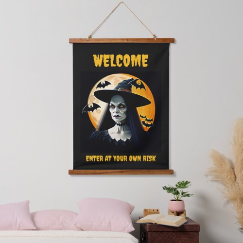 Halloween Spooky Witch Moon  Bats Welcome  Hanging Tapestry