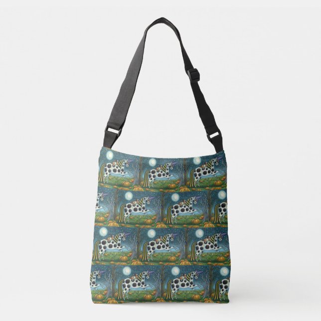 HALLOWEEN SPOTTED PONY AND BAT CAT Whimsical Horse Crossbody Bag (Front)