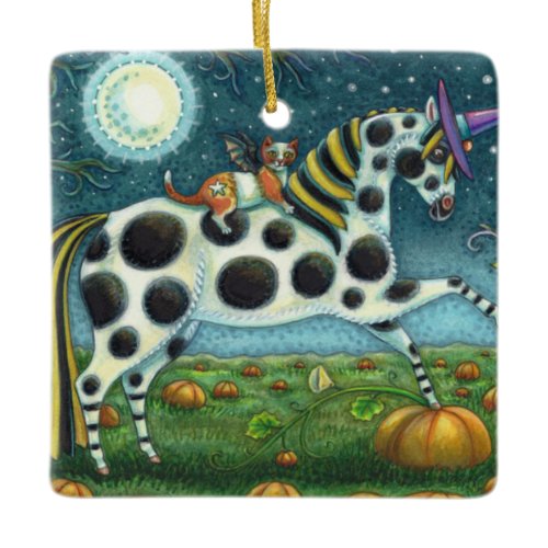 HALLOWEEN SPOTTED PONY &amp; BAT CAT Fantasy Horse Ceramic Ornament