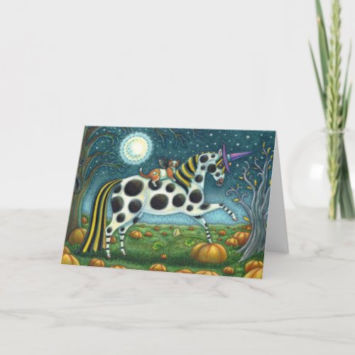 HALLOWEEN SPOTTED PONY & BAT CAT Fantasy Horse Holiday Card