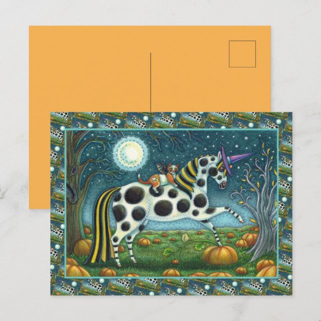 HALLOWEEN SPOTTED PONY & BAT CAT Fantasy Horse Holiday Postcard (Front/Back)