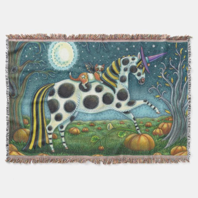HALLOWEEN SPOTTED PONY & BAT CAT Fantasy Horse Throw Blanket (Front)