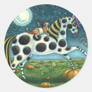 HALLOWEEN SPOTTED PONY & BAT CAT Whimsical Horse Classic Round Sticker