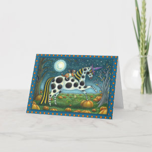 HALLOWEEN SPOTTED PONY & BAT CAT Whimsical Horse Holiday Card