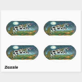 HALLOWEEN SPOTTED PONY & BAT CAT Whimsical Horse Oval Sticker