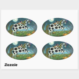 HALLOWEEN SPOTTED PONY & BAT CAT Whimsical Horse Oval Sticker