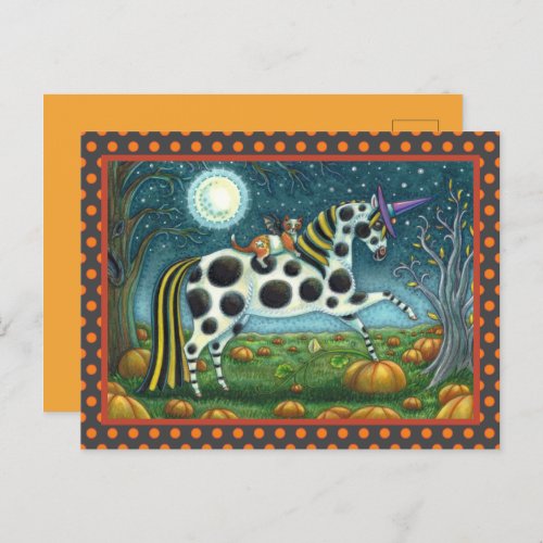 HALLOWEEN SPOTTED PONY  BAT CAT Whimsical Horse Postcard